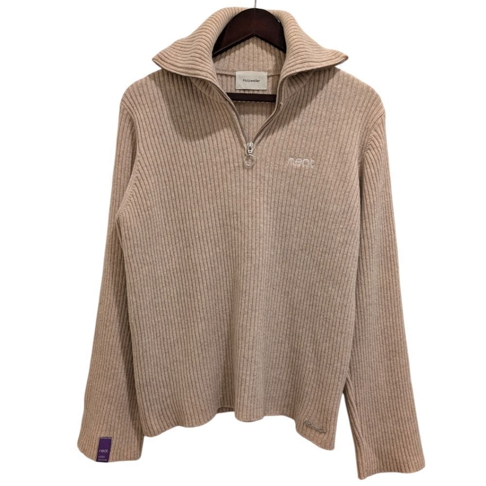 Holzweiler x Neat 100% Lambswool Ribbed Quarter-Zip Sweater - S Heather Oatmeal